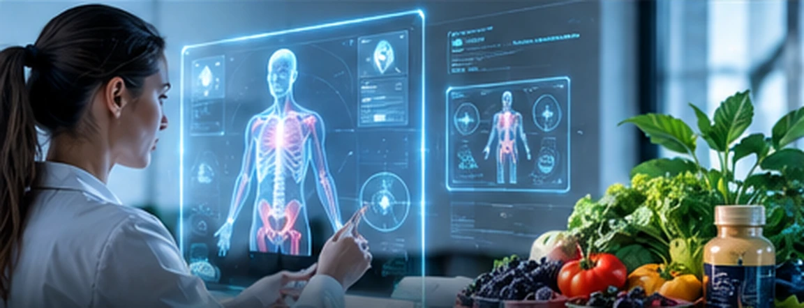 Doctor viewing medical visualization alongside fresh produce and nutrition imagery