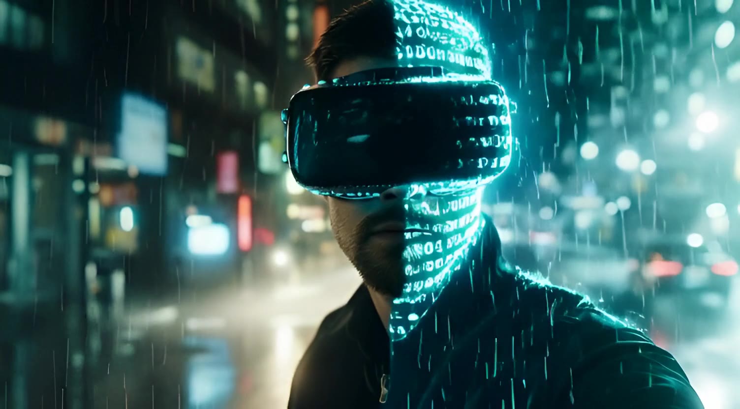 Man wearing a VR headset, half real and half digital, in a futuristic city